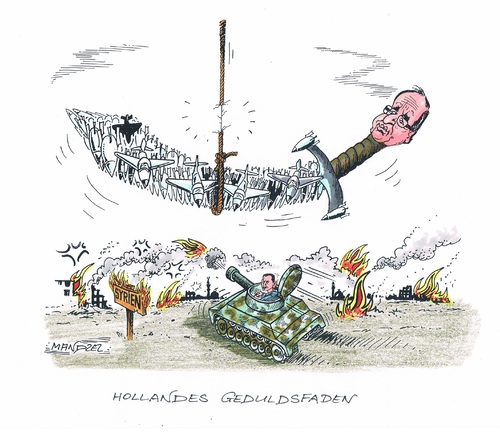 Cartoon: Hollandes Geduldsfaden (medium) by mandzel tagged hollande,syrien,massaker,damoklesschwert,hollande,syrien,massaker,damoklesschwert