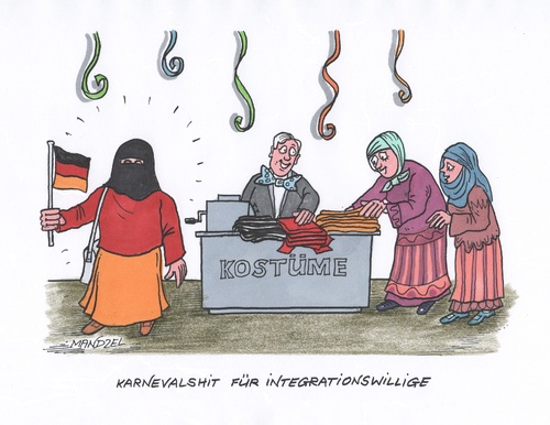Cartoon: Integration leicht gemacht (medium) by mandzel tagged flüchtlinge,karneval,verkleidung,anpassung,integration,flüchtlinge,karneval,verkleidung,anpassung,integration