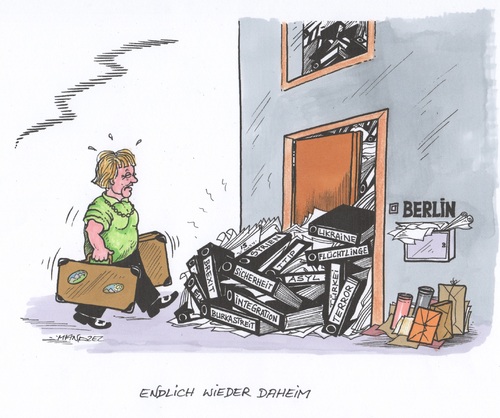 Cartoon: ...jetzt kanns weitergehen ! (medium) by mandzel tagged merkel,urlaub,problemberg,rückkehr,merkel,urlaub,problemberg,rückkehr