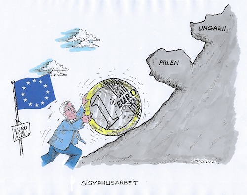 Cartoon: Juncker will den Euro für alle (medium) by mandzel tagged eu,juncker,euro,unionswährung,vereinheitlichung,sisyphos,eu,juncker,euro,unionswährung,vereinheitlichung,sisyphos