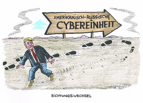 Cartoon: Kalte Füße (medium) by mandzel tagged trump,usa,cybereinheit,russland,rückzieher,trump,usa,cybereinheit,russland,rückzieher