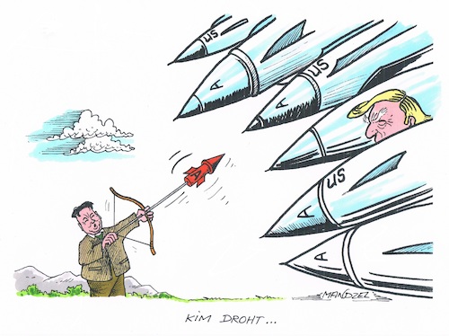 Cartoon: Kims Provokation (medium) by mandzel tagged kim,nordkorea,usa,atombomben,provokationen,mandzel,karikatur,sanktionen,manöver,isolation,aufrüstung,trump,kriegsdrohung,kim,nordkorea,usa,atombomben,provokationen,mandzel,karikatur,sanktionen,manöver,isolation,aufrüstung,trump,kriegsdrohung