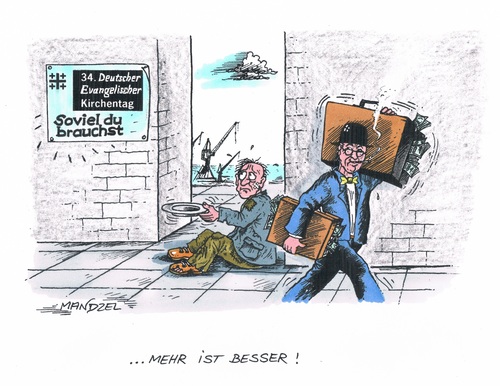 Cartoon: Kirchentag in Hamburg (medium) by mandzel tagged kirchentag,bettler,reicher,hamburg,kirchentag,bettler,reicher,hamburg