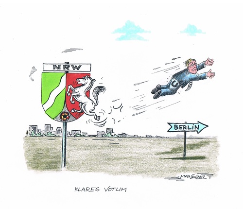 Cartoon: Klares Votum (medium) by mandzel tagged röttgen,nrw,wappen,pferd,tritt,in,den,hintern,wähler,röttgen,nrw,wappen,pferd