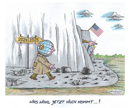 Cartoon: Mit Furcht ins neue Jahr (medium) by mandzel tagged welt,trump,ängste,politik,sanktionen,zölle,kriege,terror,hunger,armut,welt,trump,ängste,politik,sanktionen,zölle,kriege,terror,hunger,armut