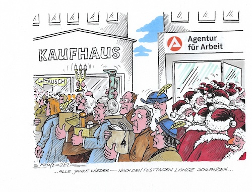 Cartoon: Nach den Feiertagen... (medium) by mandzel tagged weihnachten,geschenke,umtausch,weihnachtsmänner,arbeitslosigkeit,weihnachten,geschenke,umtausch,weihnachtsmänner,arbeitslosigkeit