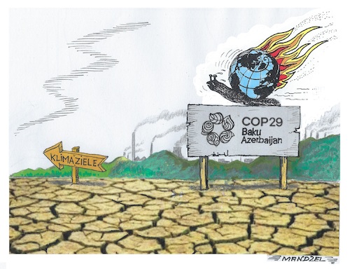 Cartoon: Noch immer in sehr weiter Ferne (medium) by mandzel tagged klimakonferenz,aserbaidschan,co2,erderwärmung,unwetterkatastrophen,klimakonferenz,aserbaidschan,co2,erderwärmung,unwetterkatastrophen