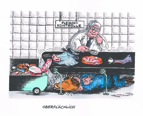 Cartoon: Oberflächliche Fleischkontrolle (medium) by mandzel tagged pferdefleisch,rindfleich,betrug,mangelhafte,kontrolle,pferdefleisch,rindfleich,betrug,mangelhafte,kontrolle