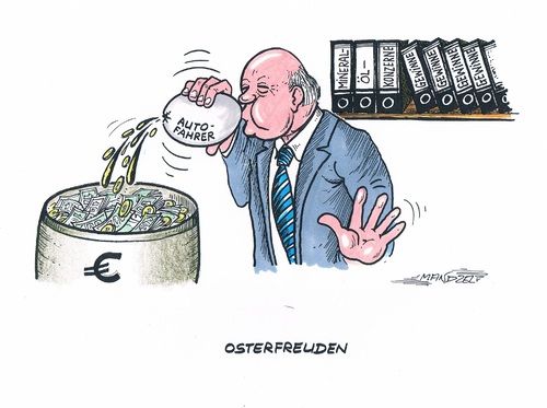 Cartoon: Osterfreuden (medium) by mandzel tagged ostern,geld,gewinne,spritpreise,reiseverkehr
