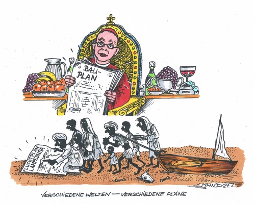 Cartoon: Pläne fürs Leben (medium) by mandzel tagged bischof,prasssucht,afrika,lampedusa,hunger,verschwendung,bischof,prasssucht,afrika,lampedusa,hunger,verschwendung