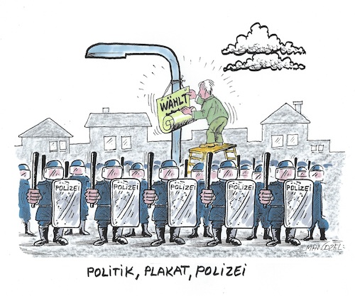 Cartoon: Polizeischutz für Plakatierer (medium) by mandzel tagged plakatierer,polizei,parteien,politik,gewalt,ampelkoalition,hass,deutschland,regierungsunfähigkeit,plakatierer,polizei,parteien,politik,gewalt,ampelkoalition,hass,deutschland,regierungsunfähigkeit