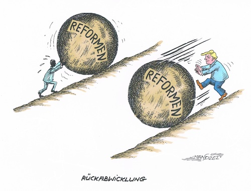 Cartoon: Rückabwicklung (medium) by mandzel tagged trump,obama,reformvorhaben,usa,rückentwicklungen,politik,trump,obama,reformvorhaben,usa,rückentwicklungen,politik