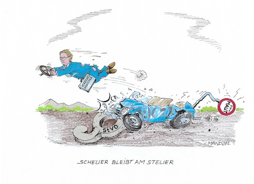 Cartoon: Scheuer am Steuer (medium) by mandzel tagged scheuer,verkehrsministerium,stvo,deutschland,scheuer,verkehrsministerium,stvo,deutschland