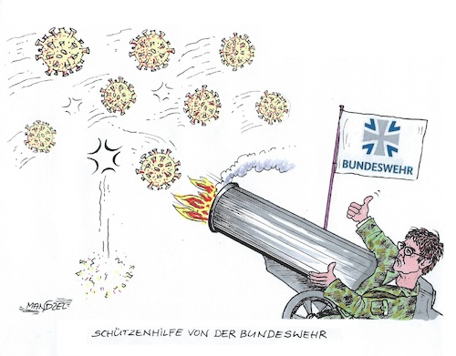 Cartoon: Schützenhilfe (medium) by mandzel tagged corona,pandemie,panik,chaos,hysterie,bundeswehr,corona,pandemie,panik,chaos,hysterie,bundeswehr