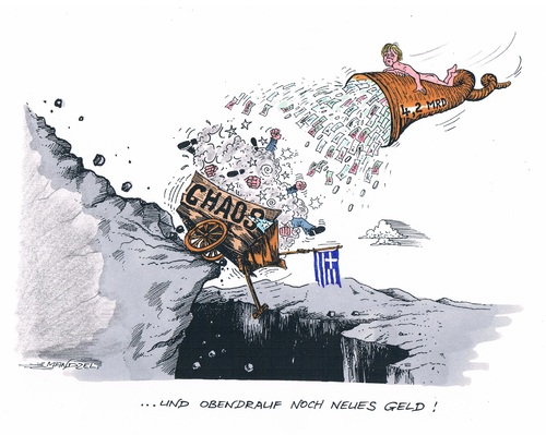 Cartoon: Und obendrauf noch neues Geld (medium) by mandzel tagged griechenland,chaos,am,abgrund,merkel,geld,füllhorn