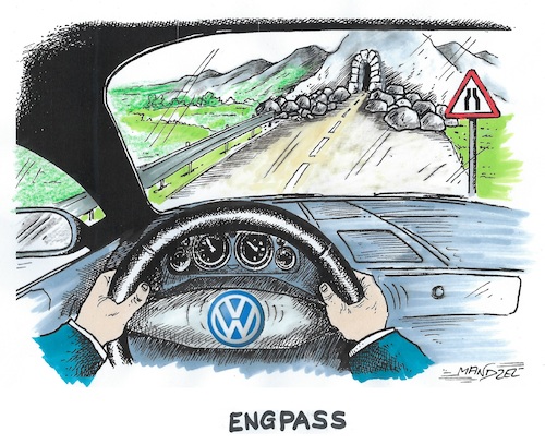 Cartoon: Wie die Fahrt wohl weitergeht ? (medium) by mandzel tagged deutschland,autoindustrie,vw,engpass,irrfahrt,deutschland,autoindustrie,vw,engpass,irrfahrt