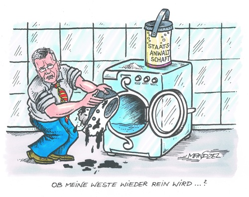 Cartoon: Wulffs fleckiges Westchen (medium) by mandzel tagged wulff,schmutzweste,gericht,reinigungswunsch,wulff,schmutzweste,gericht,reinigungswunsch