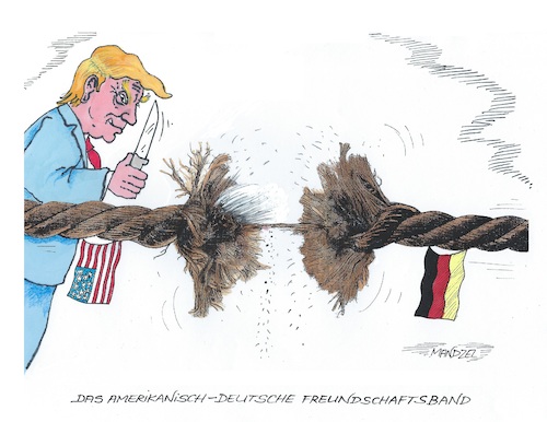 Cartoon: Zerreißprobe (medium) by mandzel tagged stichwörter,trump,deutschland,politik,freundschaftsband,usa,stichwörter,trump,deutschland,politik,freundschaftsband,usa