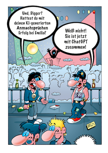 Cartoon: Anmachsprüche (medium) by stefanbayer tagged ki,ai,künstlicheintelligenz,chatgpt,chat,gpt,anmachspruch,anmachsprüche,anmachen,club,kennenlernen,digger,erfolg,emilia,liebe,verlieben,internet,technik,digital,kommunikation