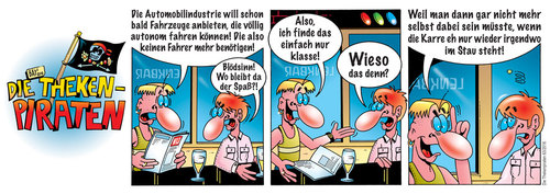 Cartoon: Die Thekenpiraten 63 (medium) by stefanbayer tagged stefanbayer,bay,bayer,computer,digital,zeitgeist,stau,technik,zukunft,autonom,fahren,automobilindustrie,auto,alkohol,wein,bier,gastronomie,kneipe,luonge,bar,thekenpiraten,piraten,theke