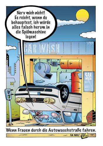 Cartoon: Durch die Autowaschstraße (medium) by stefanbayer tagged auto,automobil,fahrzeug,wagen,fahren,durchfahren,waschstraße,carwash,autowaschstraße,männer,frauen,nerven,waschen,autowaschen,liebe,autos