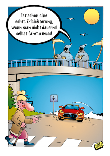 Cartoon: Erleichterung (medium) by stefanbayer tagged tot,tod,sterben,technik,opfer,unfall,beta,test,erleichterung,tesla,autonom,computer,digital,wahnsinn,zukunft,fussgänger,stefanbayer,bay,bayer,auto,fahrzeug,mobilität,straße,mensch