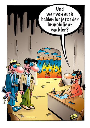 Cartoon: Immobilienmakler (medium) by stefanbayer tagged immobilien,immobilienmakler,makler,haus,wohnung,gangster,betrug,teufel,beelzebub,hölle,feuer,höllenfeuer,brennen,schmoren,fegefeuer,tot,tod,strafe,himmel,stefan,stefanbayer,ableben