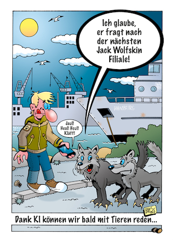 Cartoon: Mit Tieren reden (medium) by stefanbayer tagged tiere,wolf,wölfe,hamburg,sprechen,reden,jackwolfskin,ki,ai,künstlicheintelligenz,smartphone,stefanbayer,technik,digital,kommunikation