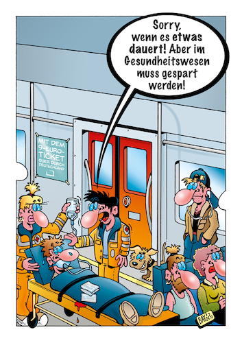 Cartoon: Neun-Euro-Ticket (medium) by stefanbayer tagged deutschebahn,bahn,neuneuroticket,rettungsdienst,sparen,mobilität,zug,finanzen,sanitäter,bay,stefanbayer