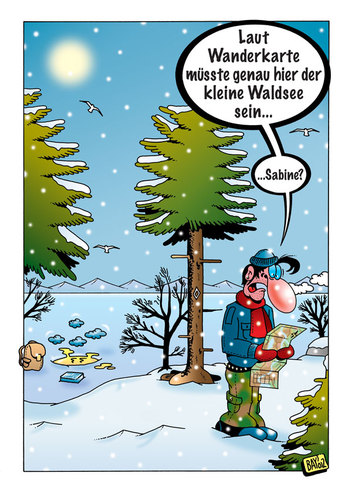 Cartoon: Wanderlust im Winter (medium) by stefanbayer tagged stefan,bayer,stefanbayer,wandern,wanderlust,winter,schnee,kälte,eis,see,wald,freizeit,entspannung,laufen,spazieren,toilette,wc,pipi,tempo,wanderkarte,sabine,tanne,baum,schneeflocken