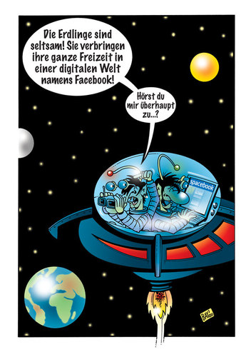 Cartoon: Wir sind nicht allein! (medium) by stefanbayer tagged stefan,bayer,stefanbayer,facebook,spacebook,space,weltraum,all,raumschiff,untertasse,außerirdische,aliens,erdlinge,erde,mond,sonne,sterne,socialnetwork,digital,welt,planet,vakuum,klingone,mensch,freizeit,computer,internet,zuhören