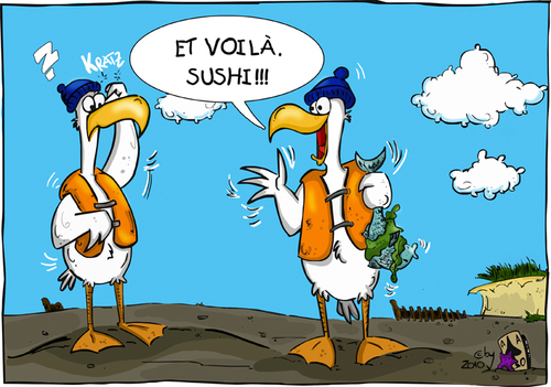 Cartoon: Watt kulinarisch (medium) by Grayman tagged watt,kulinarisch,möwen,sushi,fisch,algen