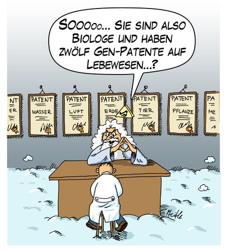 Cartoon: Geistiges Eigentum (medium) by Andreas Pfeifle tagged geistiges,eigentum,gen,patent,gott,biologe,genpatent,himmel,intellectual,property,genetic,death,tod,god,heaven