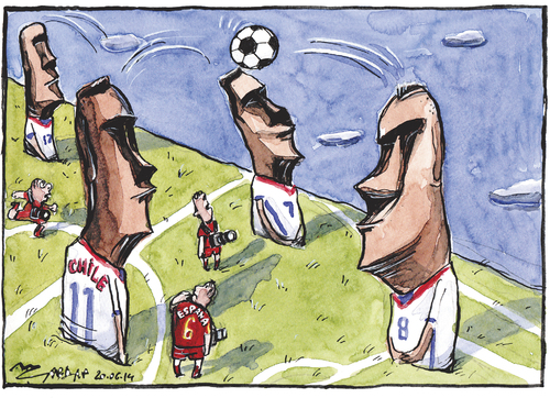 Cartoon: Espana 0 Chile 2 (medium) by Tchavdar tagged easter,island,chile,espana,worldcup,football,rapa,nui
