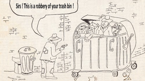Cartoon: Robbery of trash bin (medium) by Kostadin tagged kostadin,naskov,angovski,caricatur,caricature,karikatura,cartoon,cartoons,humour,humor,satira,satire