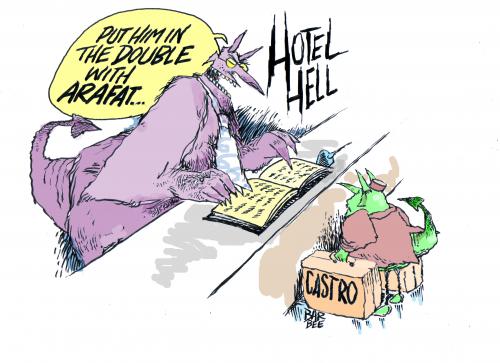 Cartoon: hotel in hell takes reservations (medium) by barbeefish tagged castro