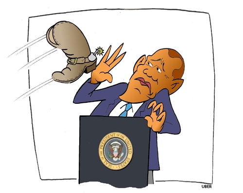 Cartoon: MADE IN USA DISSENT (medium) by uber tagged afghanistan,obama,exit,strategy,afghanistan,barack obama,usa,schuh,werfen,krieg,militär,barack,obama