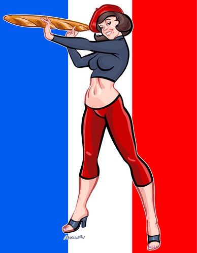 Cartoon: Sexy French Baguette Pinup Girl (medium) by ian david marsden tagged marsden,illustration,vector,sixties,fifties,retro,beret,baguette,tricolore,french,sexy,pinup,pinup,baguette,frankreich,illustration