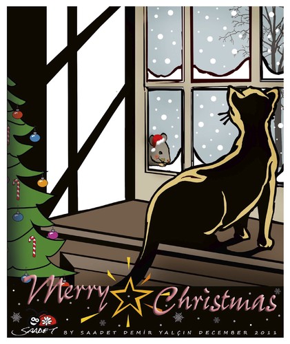 Cartoon: Merry Christmas!.. (medium) by saadet demir yalcin tagged sdy,saadet,newyear,snow,cat,santaclausmaus,merrychristmas