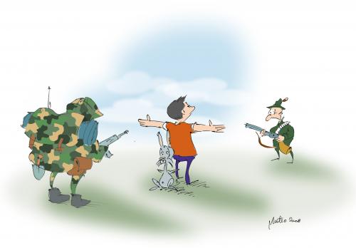 Cartoon: solidarity (medium) by geomateo tagged solidarity,courage,war,death,cartoon,hunter,soldier,rabbit,army,crime,violence,