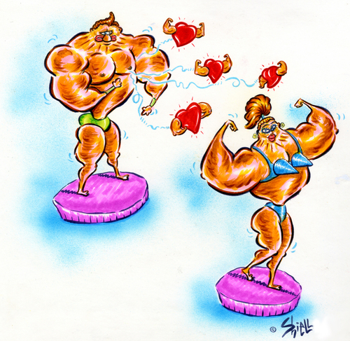 Cartoon: Love Muscle (medium) by mikess tagged olympics,athletics,love,romance,heart,valentines,day,relationship,sweetheart,honey,infatuation,relationships,stolen,my,body,builders,posing,weight,lifters,freaks,of,nature,steroids,on,the,juice