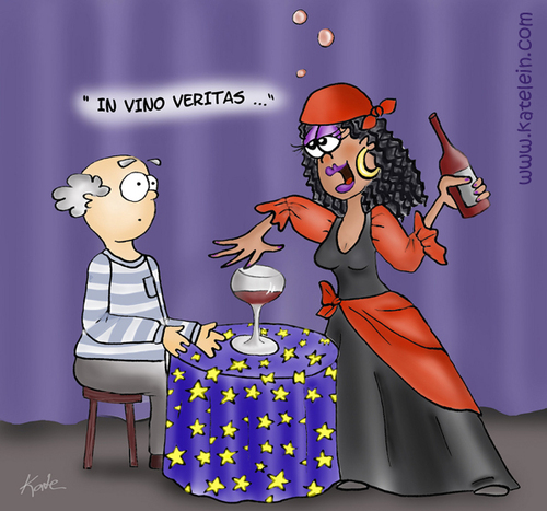 Cartoon: In vino veritas (medium) by katelein tagged wein,vine,vino,veritas,wahrsagerin,hexe,kristallkugel,zigeunerin,fortuneteller,augur,deviner,mentalist