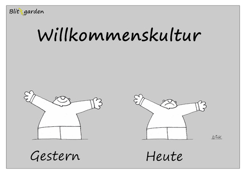Cartoon: Willkommenskultur (medium) by Oliver Kock tagged flüchtlinge,europa,deutschland,willkommenskultur,fremdenhass,gutmenschen,cartoon,nick,blitzgarden