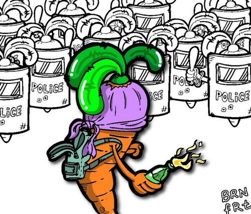 Cartoon: carRIOT (medium) by BRAINFART tagged urbanart,art,artwork,carrot,illustration,zeichnung,drawing,brainfart,culture,politics,riot,randalen,molotov,cocktail,hate,zorn,protest