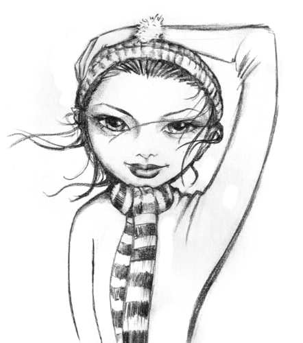 Cartoon: winter (medium) by michaelscholl tagged sexy,woman,wind,eyes,scarf,hat,winter,charcoal