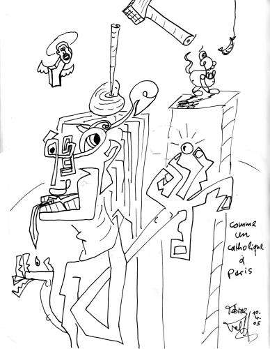 Cartoon: catholique a paris (medium) by Tobias Wolff tagged paris,hammer,nagel,engel,turm,katholik,wurst,köder,