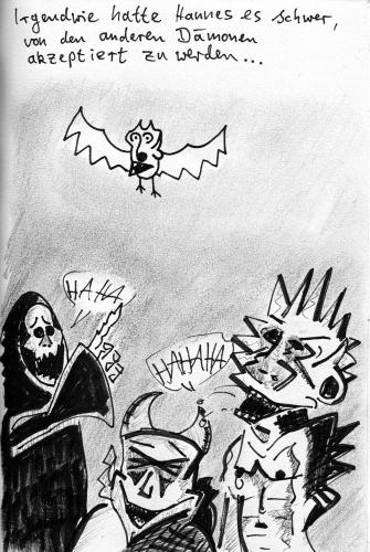 Cartoon: Hannes der Dämon (medium) by Tobias Wolff tagged dämon,dämonen,deamon,deamons,lachen,mobbing,klein,fledermaus,hölle,hell