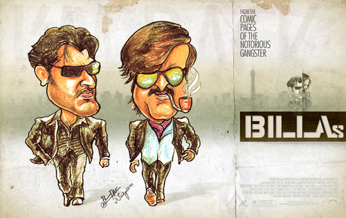 Cartoon: Billa (medium) by bharatkv tagged billa,rajinikath,rajini,ajith,kumar,kollywood,tamil,cinema,remake,gangster,indian,bollywood,aegan,asal,caricature,oil,pastels,bharat