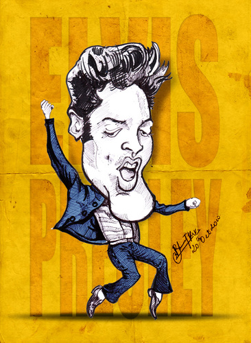 Cartoon: Elvis Presley (medium) by bharatkv tagged elvis,presley,king,pop,rockstar,american,caricature,cartoon,sketch,yellow,jailhouse,rock
