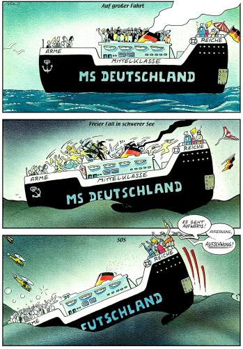 Cartoon: MS Deutschland (medium) by Pohlenz tagged deutschland,allemagne,germany,,deutschland,aufschwung,untergang,gefahr,not,seenot,geld,schiff,kentern,untergehen,fahrt,reise,meer,wasser,schwimmen,passagiere,reich,arm,armut,reichtum,verhältnisse,gerechtigkeit,ungerecht,ungerechtigkeit,mittelklasse,mittelschicht,schichten,klassen,klassengesellschaft,gesellschaft